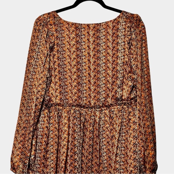 Molly Bracken Surplice Satin Metallic Rust Abstract Animal Print Babydoll Dress - Picture 8 of 14